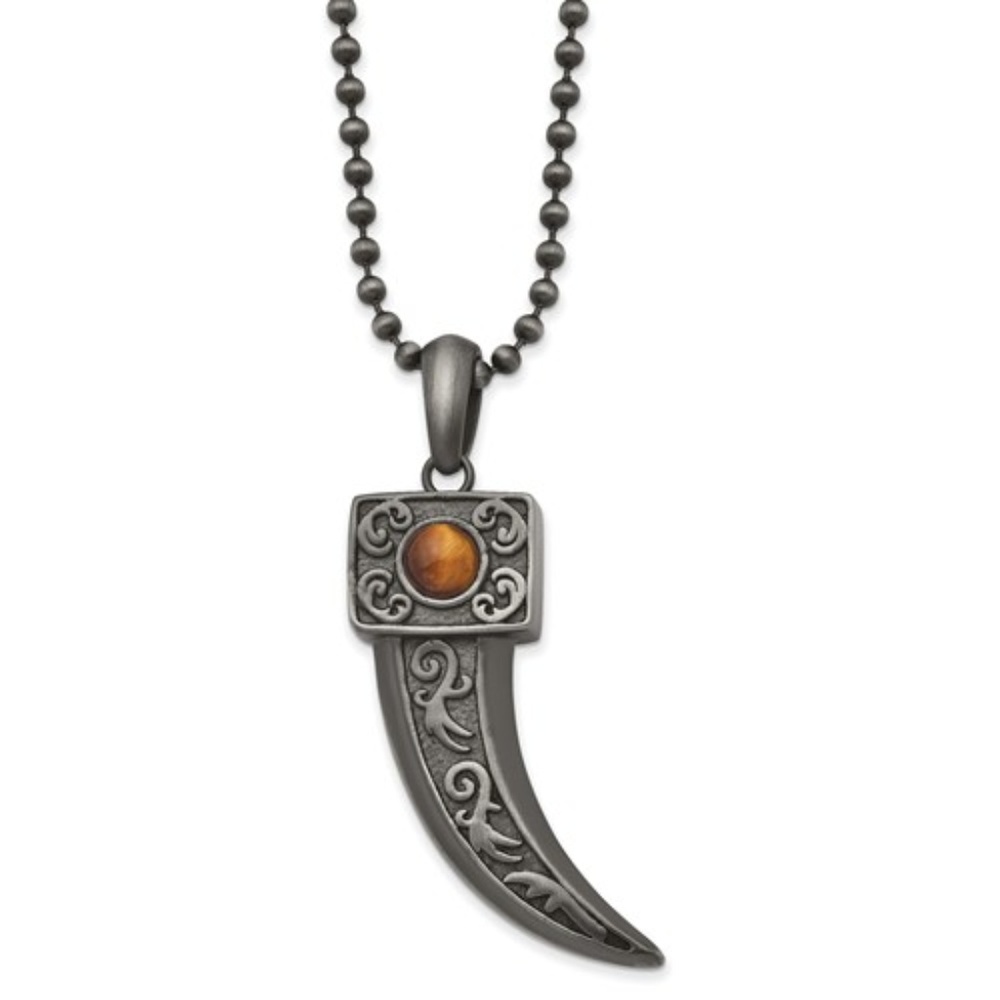 Stainless Steel Antiqued Bronze Plated w Tiger's Eye Horn Pendant w Ball Chain